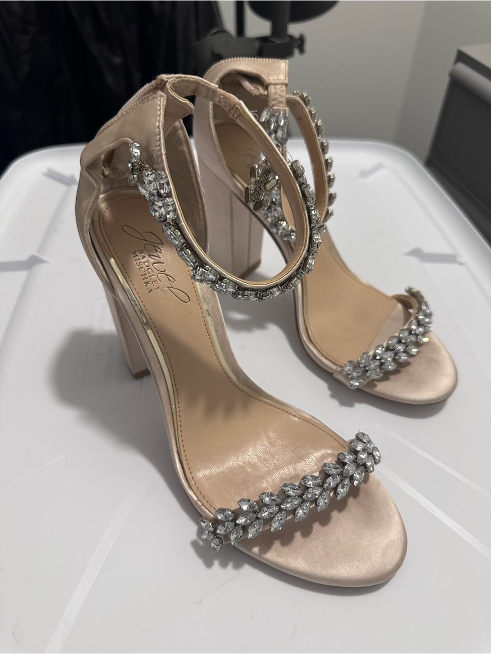 Badgley Mischka Blush Satin Crystal-Ankle Strap Block Heels